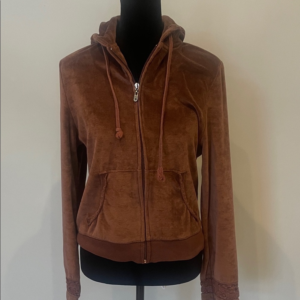Chocolate  Brown velvet  Hooded Jacket super cute retro vibes size large